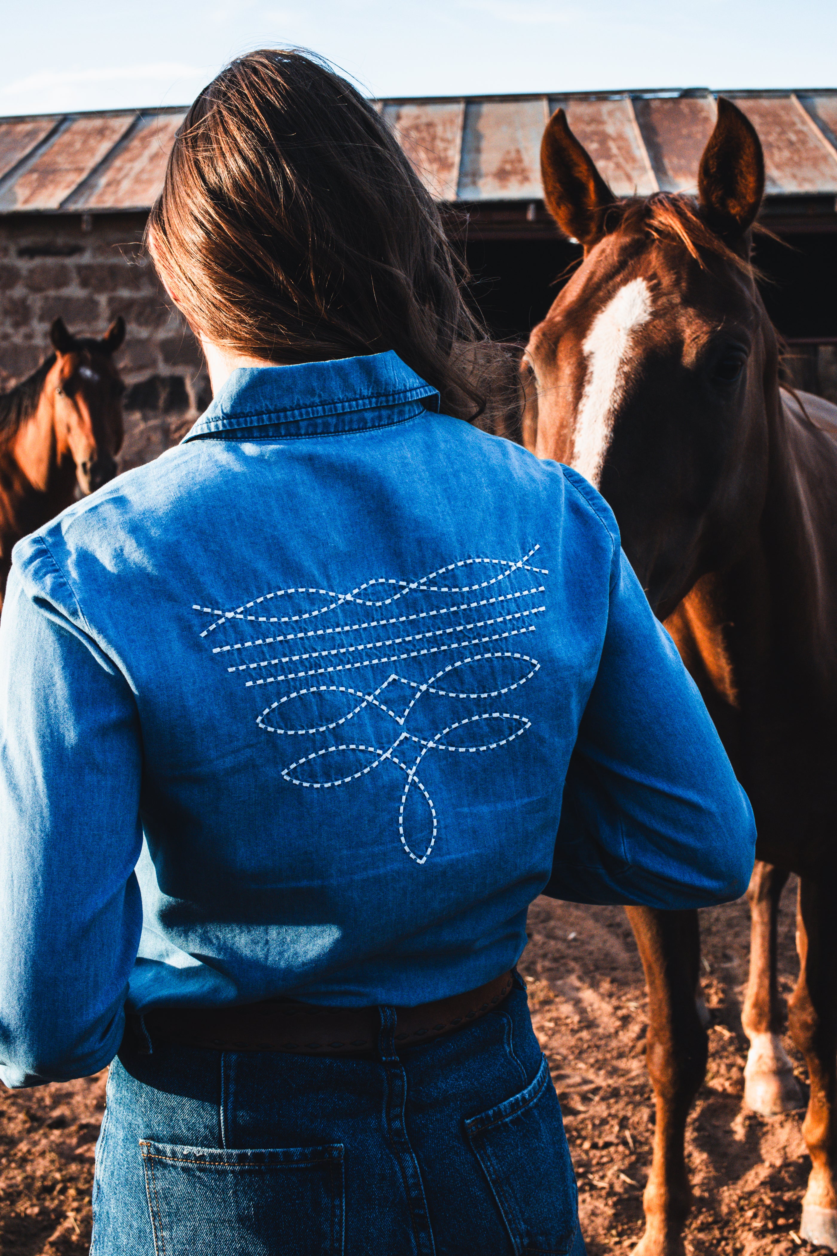 Boot Stitch denim pearl snap top – Rockin A Design TX