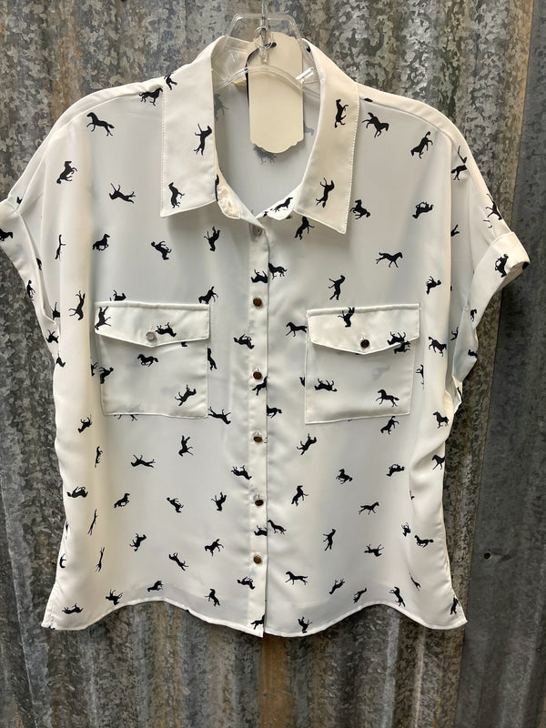 Black and White Horse Button Down Top