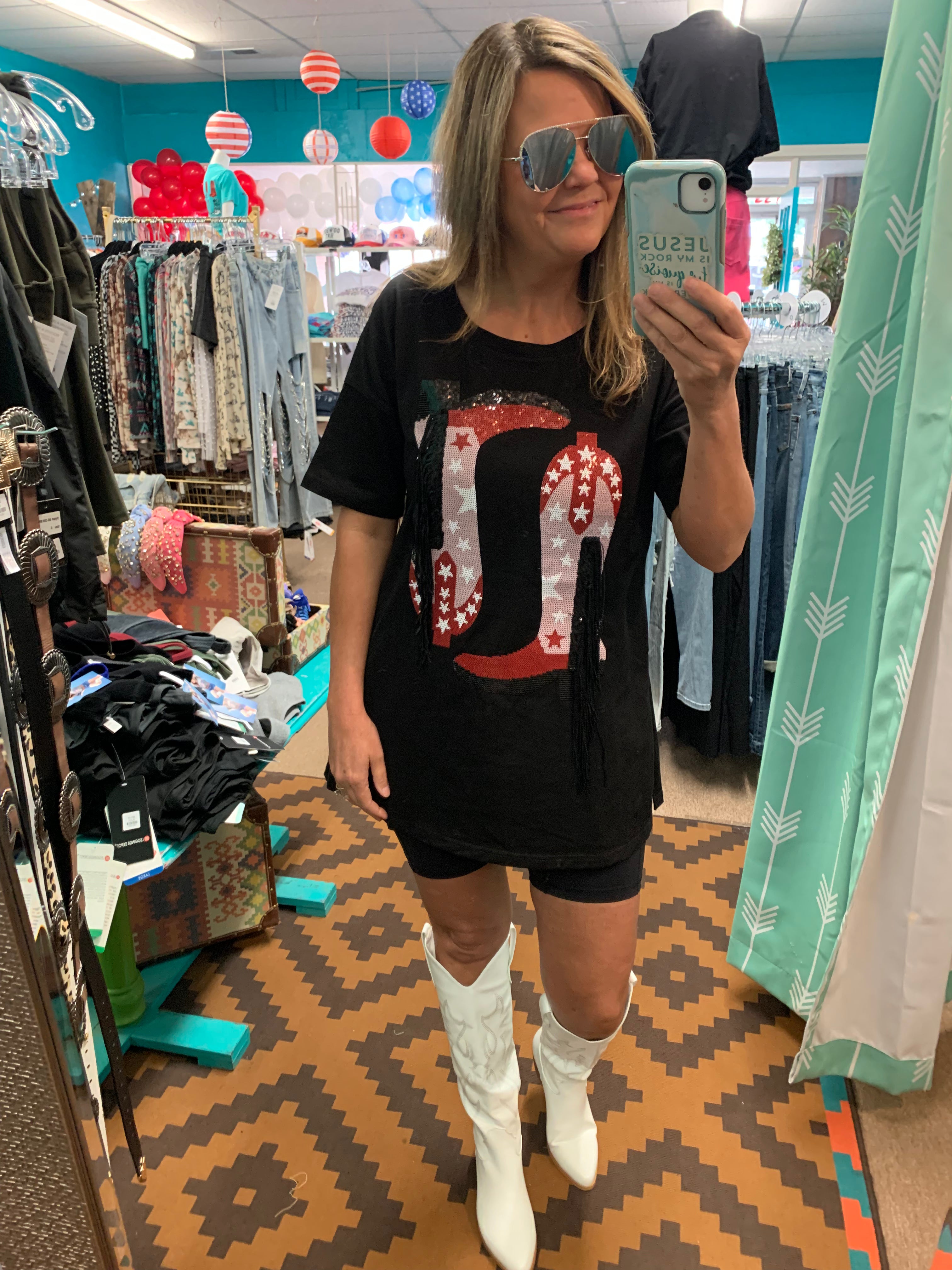 Sequin Cowgirl Boot With Fringe Shirt  Rockin A Design TX