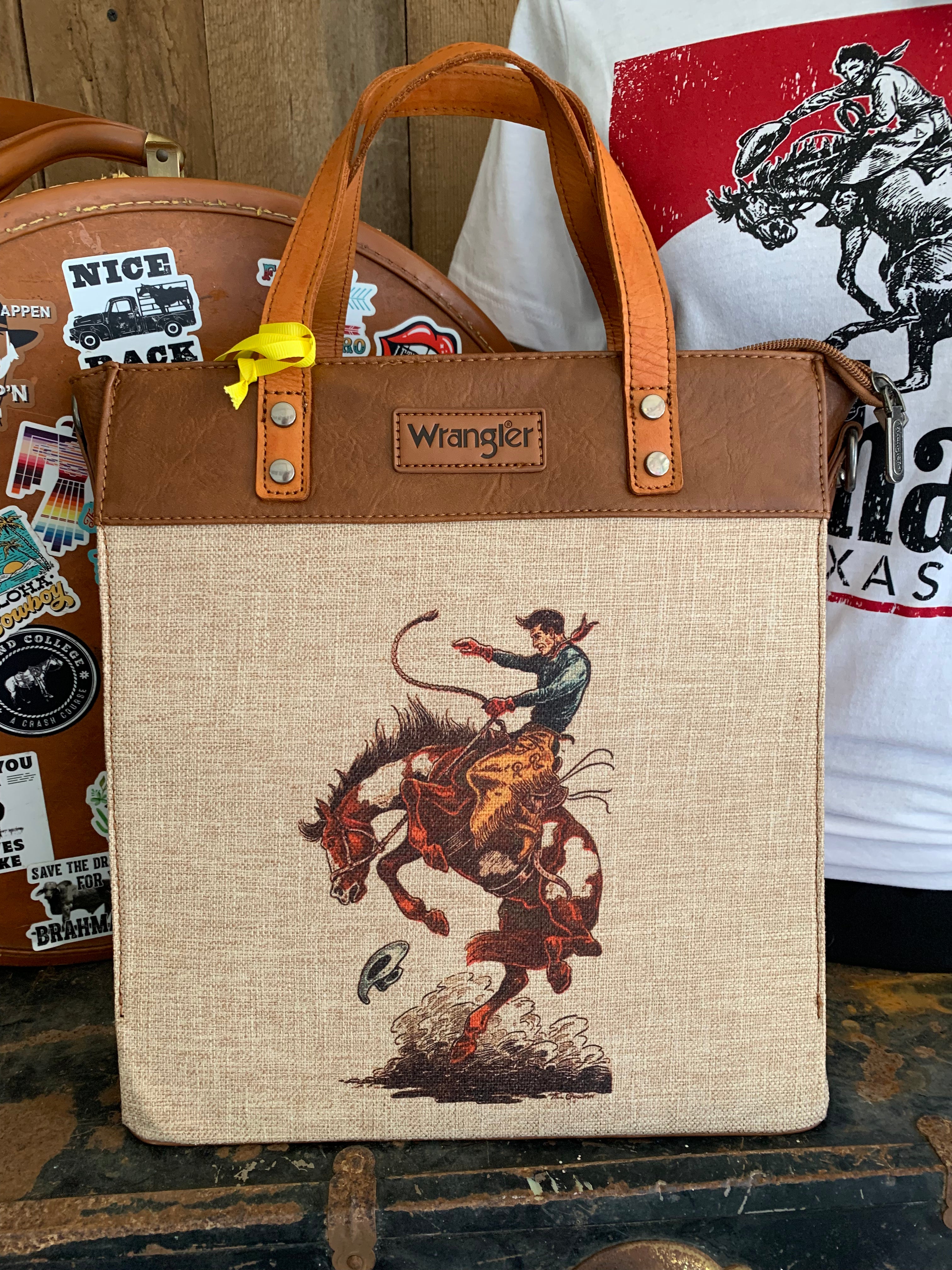 Horse Design Leather Trim Canvas Tote Bag
