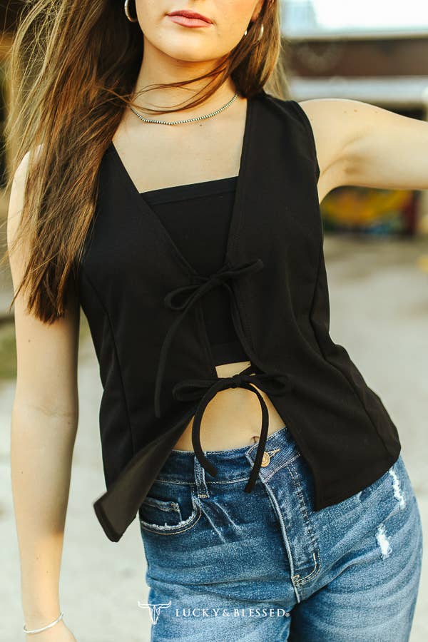 Black Sleeveless Tie Detail Vest