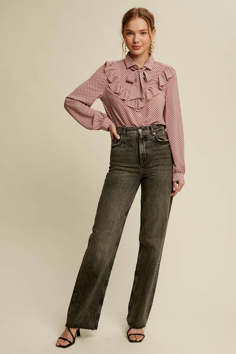 Ruffle Tie-Neck Printed Blouse