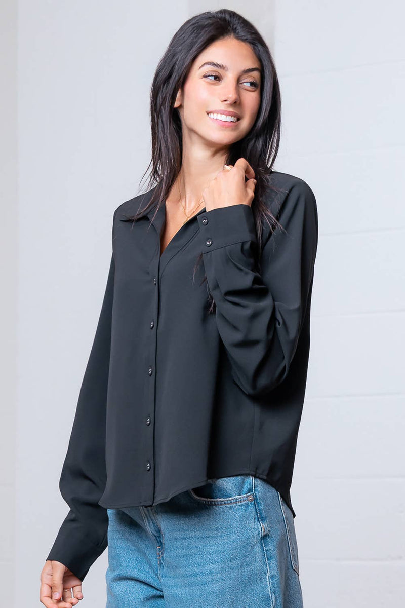 LONG SLEEVE BUTTON DOWN V-NECK SOLID SHIRT