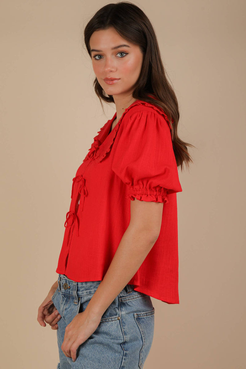 Eyelet Trim Detail Puff Sleeve Blouse: Red