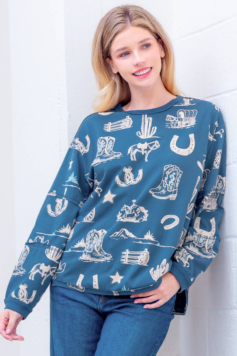WESTERN PRINTED ROUND NECK LONG SLEEVE TOP: Navy