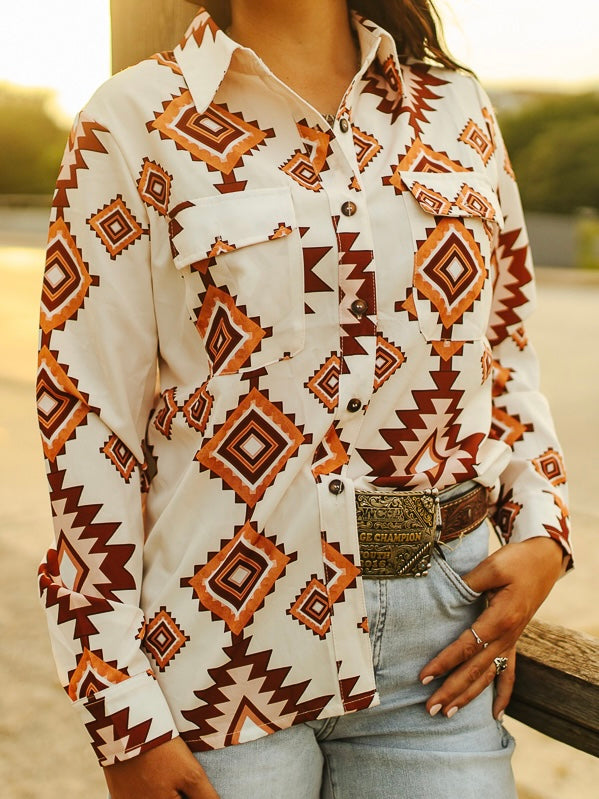 Cream Aztec Button Down Long Sleeve Top