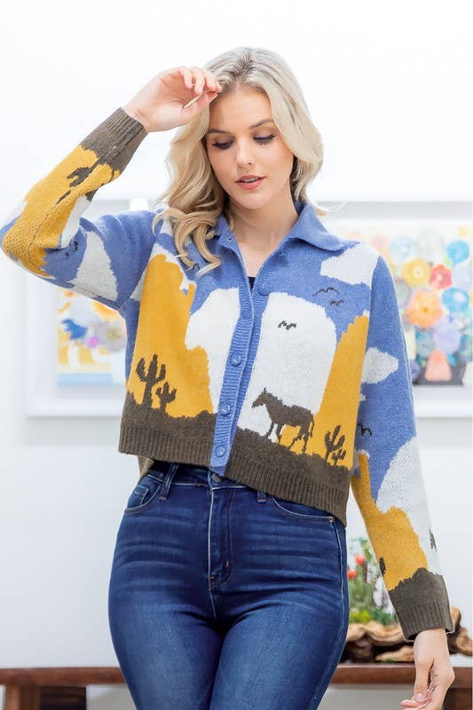 HWJ65040T-Cozy sweater knit horse cardigan: CHAMBRAY / Contemporary / S