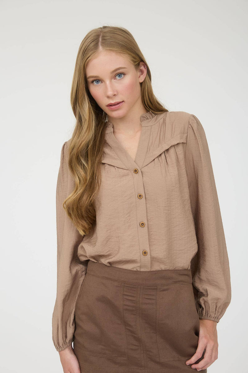 RUFFLE NECK BUTTON DOWN LONG SLEEVE TOP : MOCHA