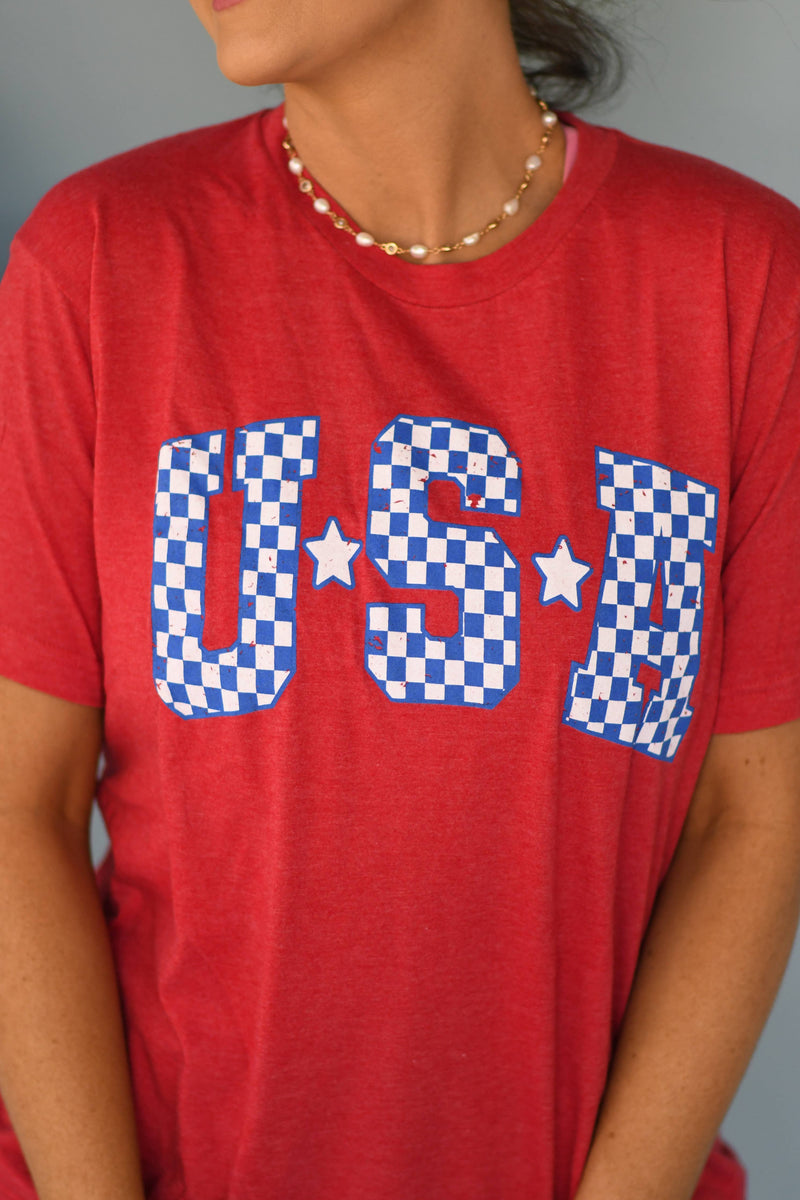 Blue & White Checkered USA heather red Tee