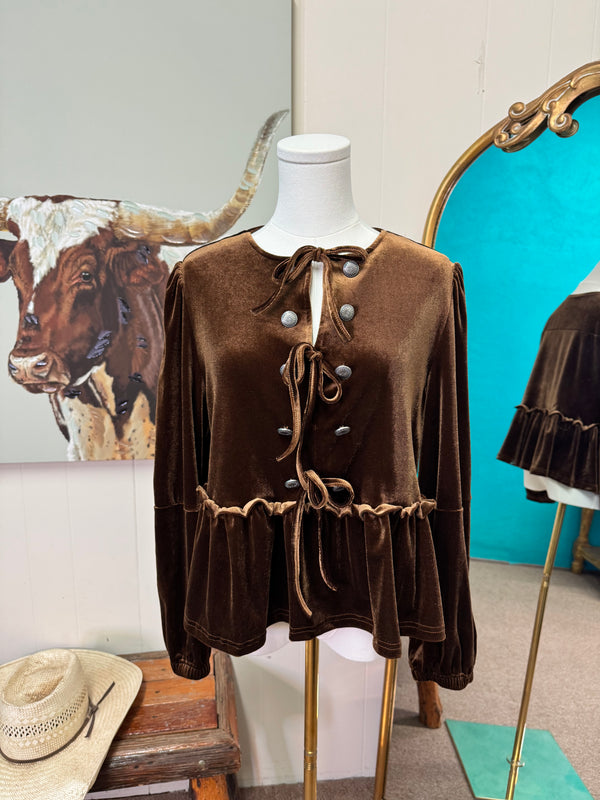 Brown velvet long sleeve peplum top, bow ties & conchos