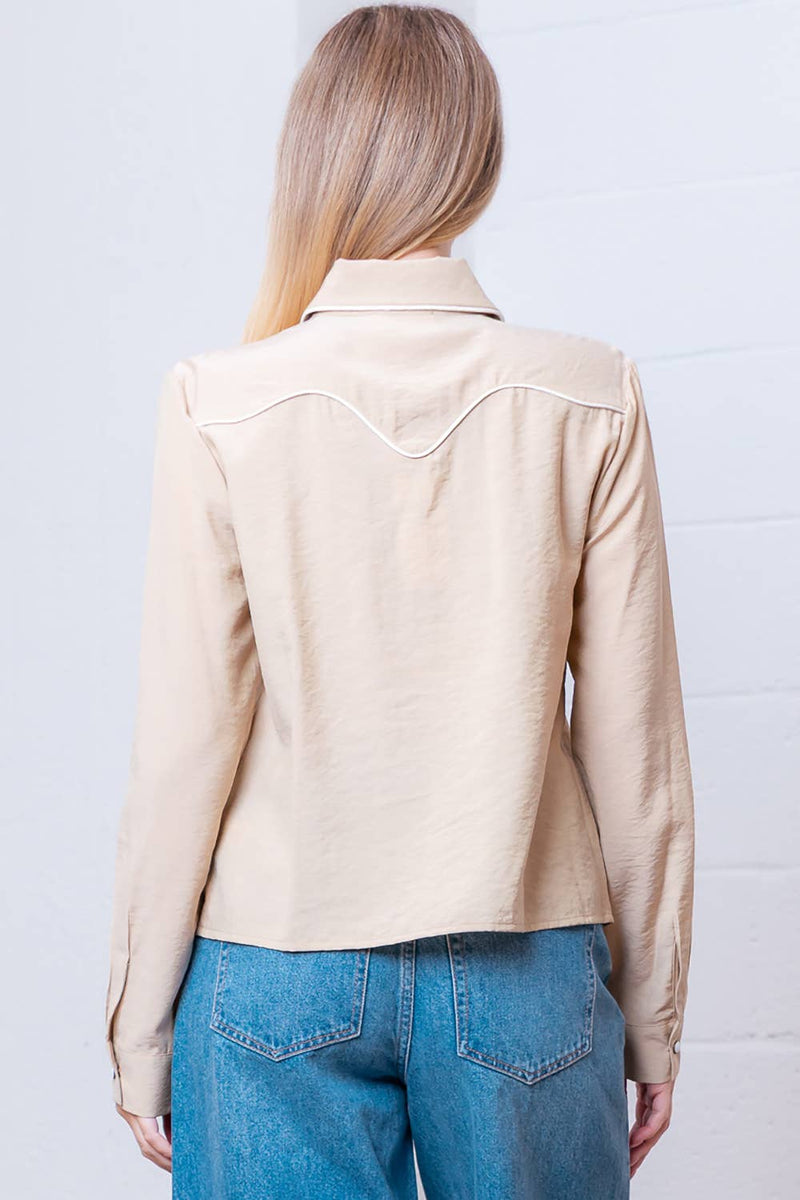 LONG SLEEVE COLLARED BUTTON DOWN TOP: TAUPE