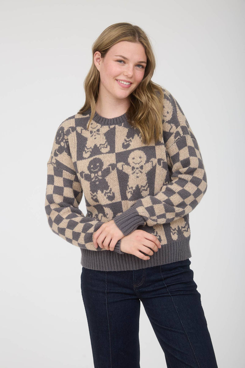 CHECKERED GINGERBREAD JACQUARD KNIT SWEATER: KHAKI MULTI