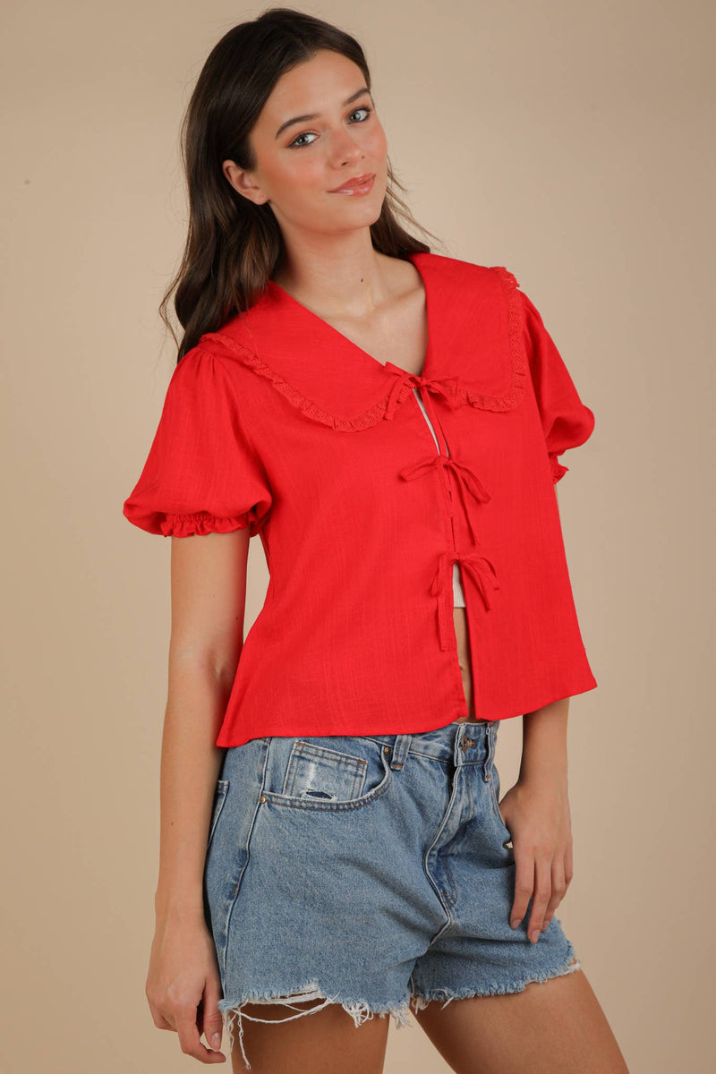 Eyelet Trim Detail Puff Sleeve Blouse: Red