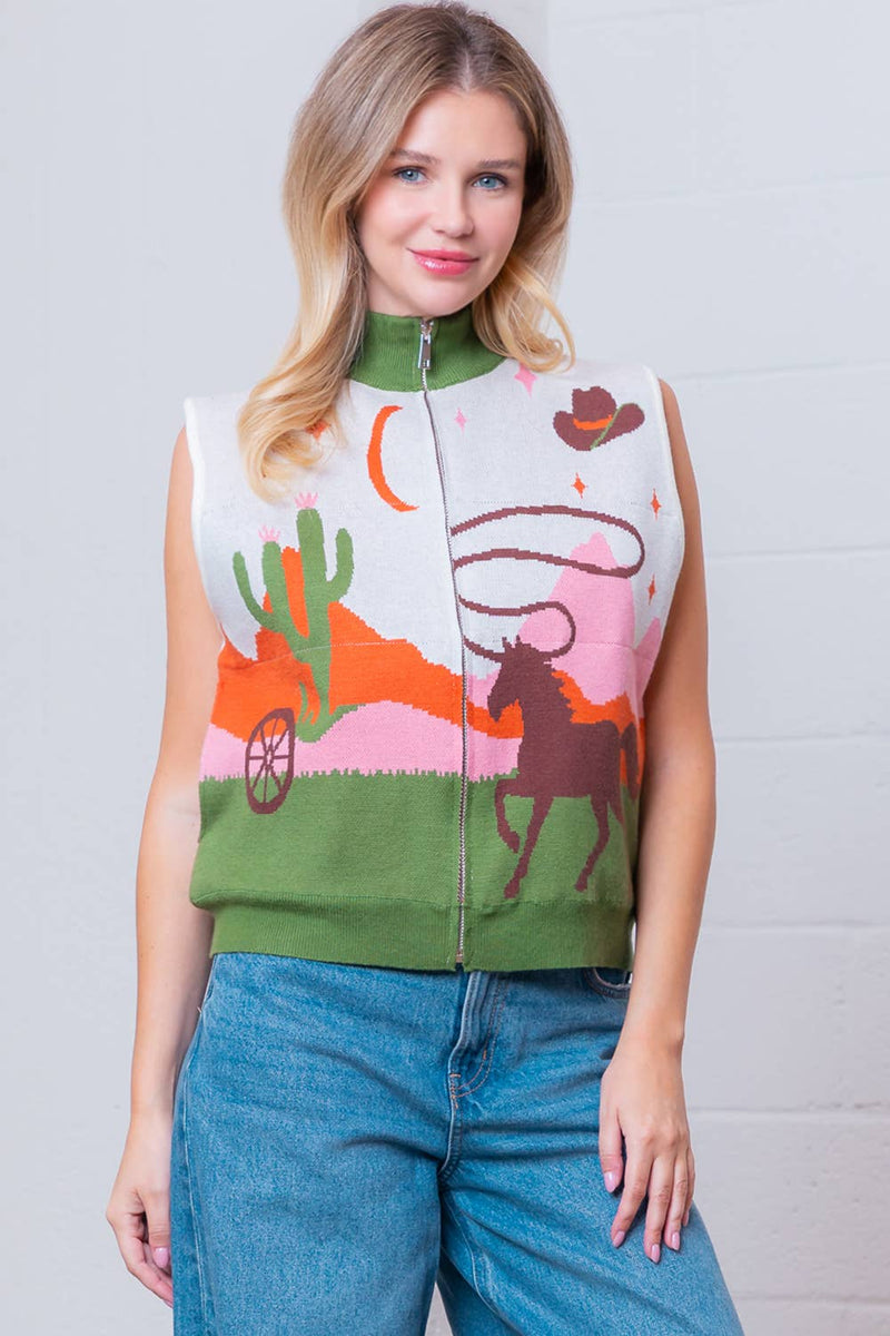 SLVLESS HIGH-NECK WESTERN MOTIVE SWEATER VEST: