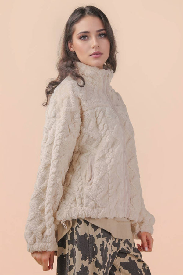  Fuzzy Fleece Cozy Cable Pattern Zip Up Jacket