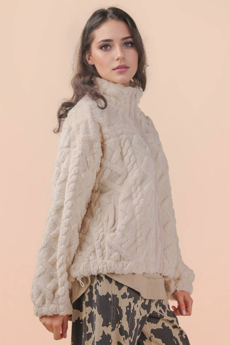  Fuzzy Fleece Cozy Cable Pattern Zip Up Jacket