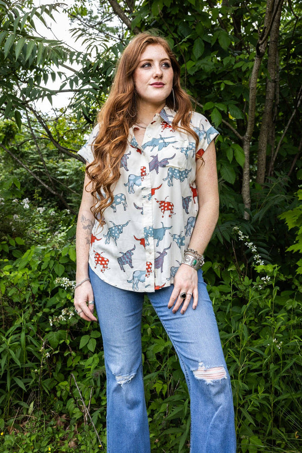 Cotton & Rye The Arty Longhorn 2.0 Red & Blue blouse