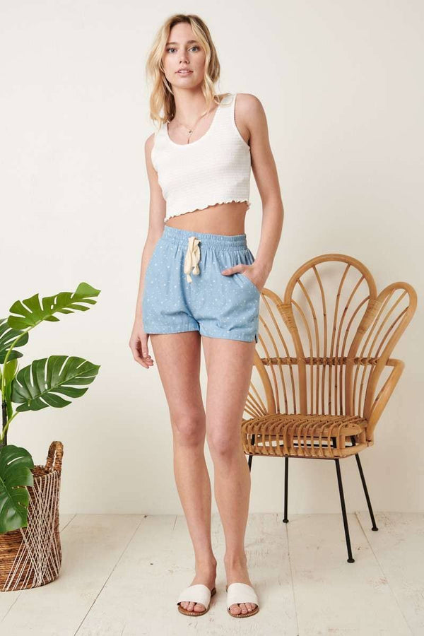 STAR PRINT DENIM SHORTS: LT DENIM