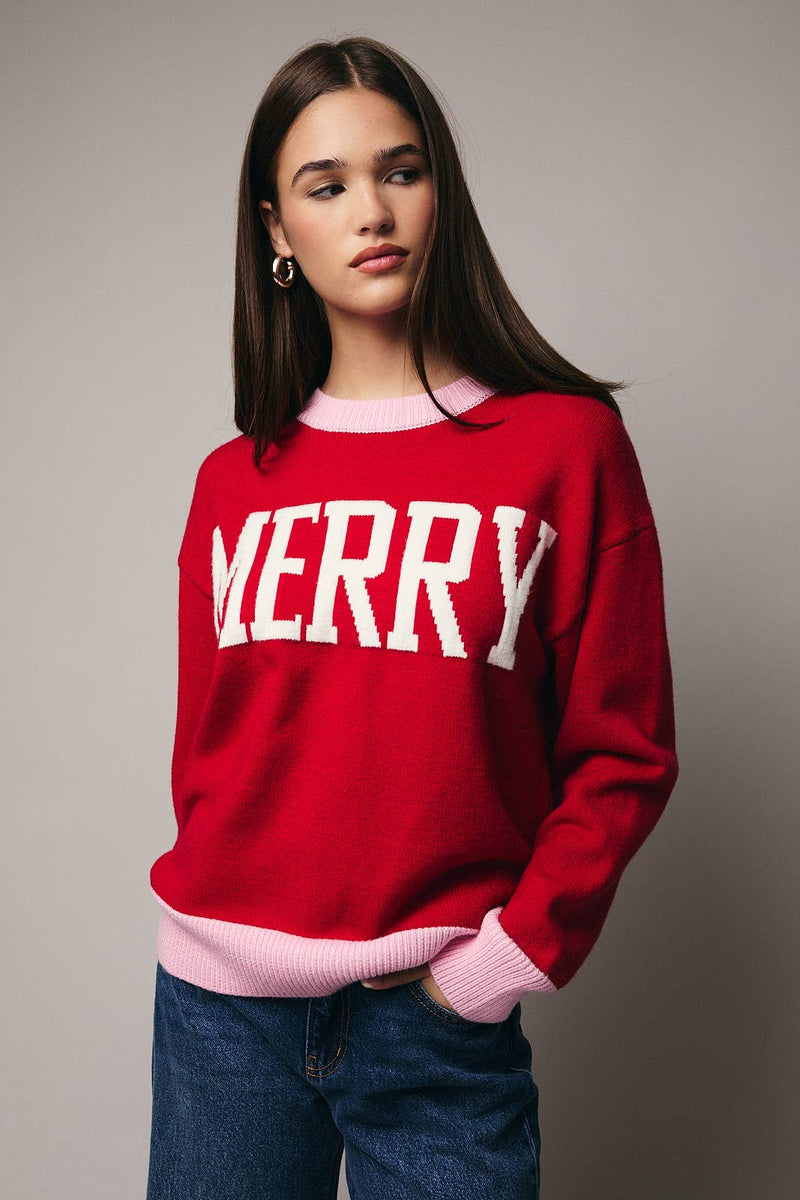 CREW NECK LONG SLEEVE "MERRY" SWEATER RED