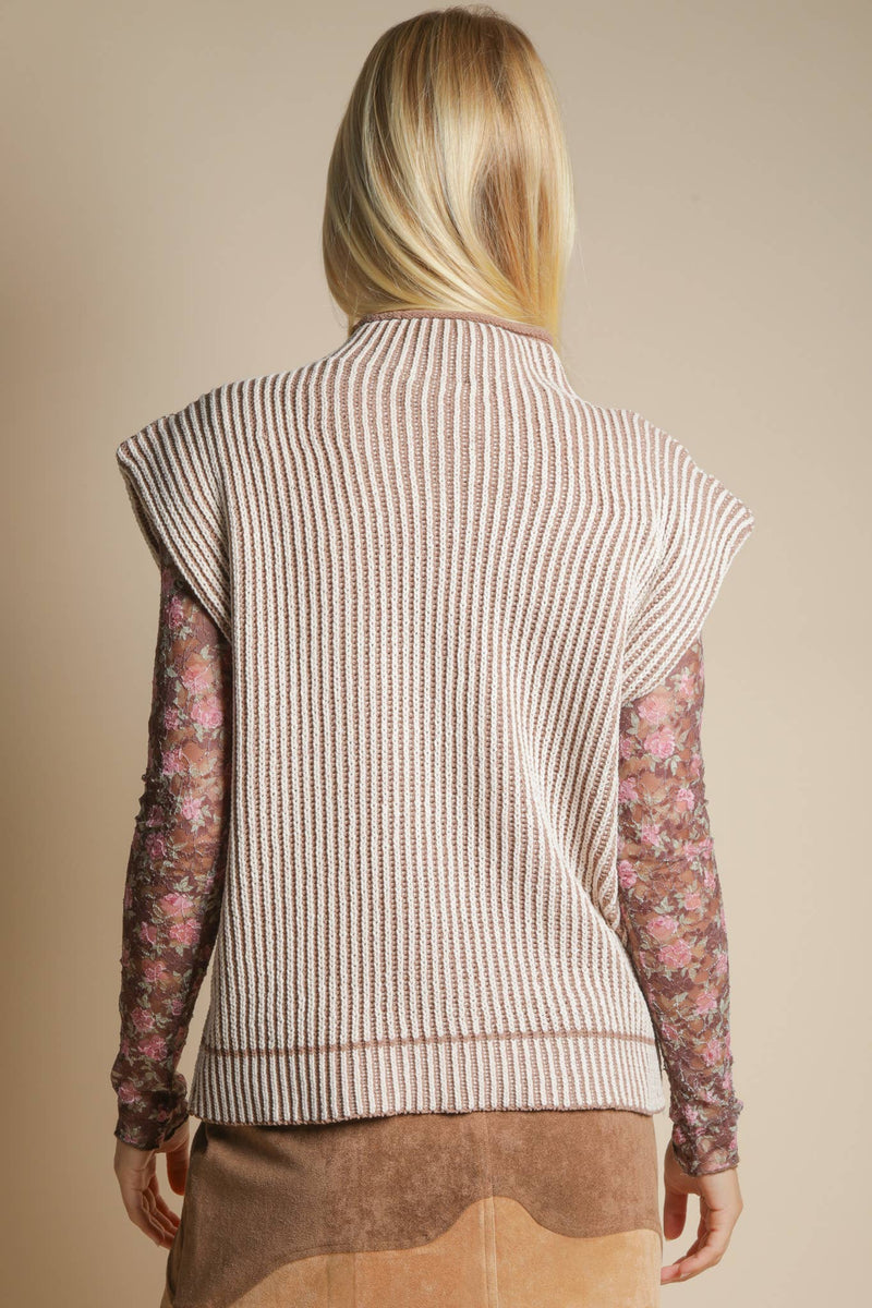 Two Tone Ribbed Knit Sweater Vest in MOCHA