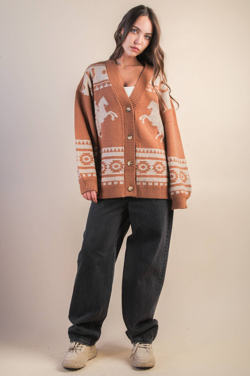 Oversized Western graphic Knit Sweater Cadigan: CAMEL