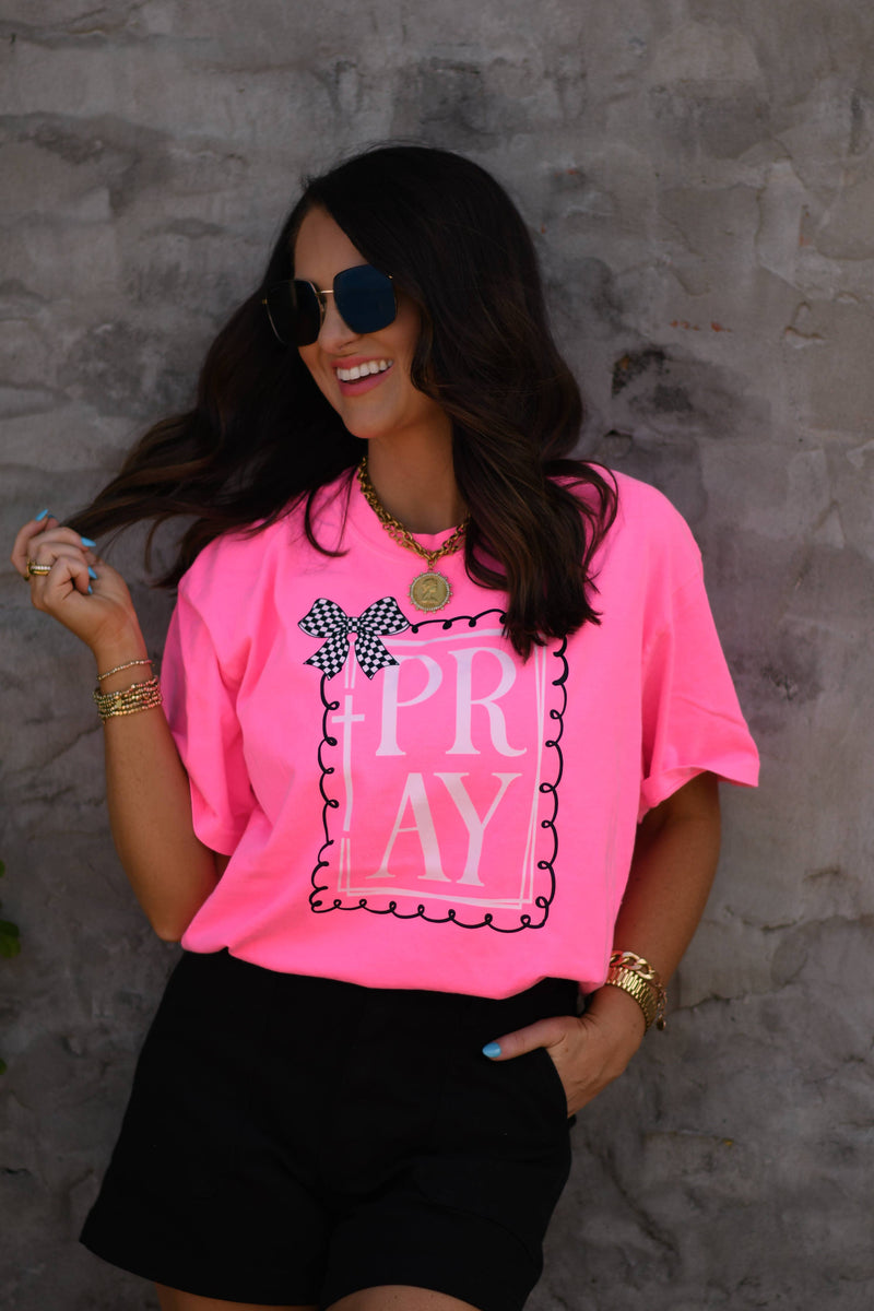 Pray Bow Tee: Neon Pink