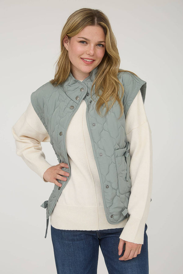 TIE DETAIL SNAP BUTTON DOWN QUILTED PUFFER VEST: DUSTY SAGE
