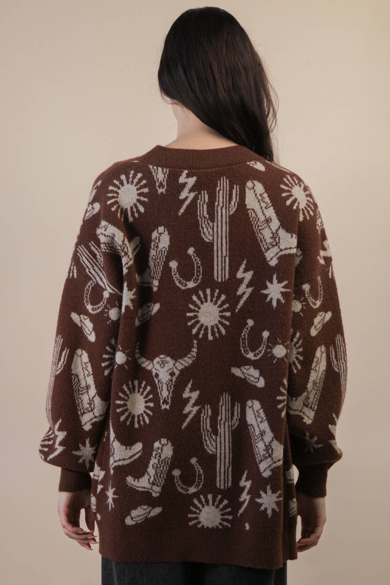 Oversized Western Graphic Knit Sweater Cardigan: CHOCOLATE