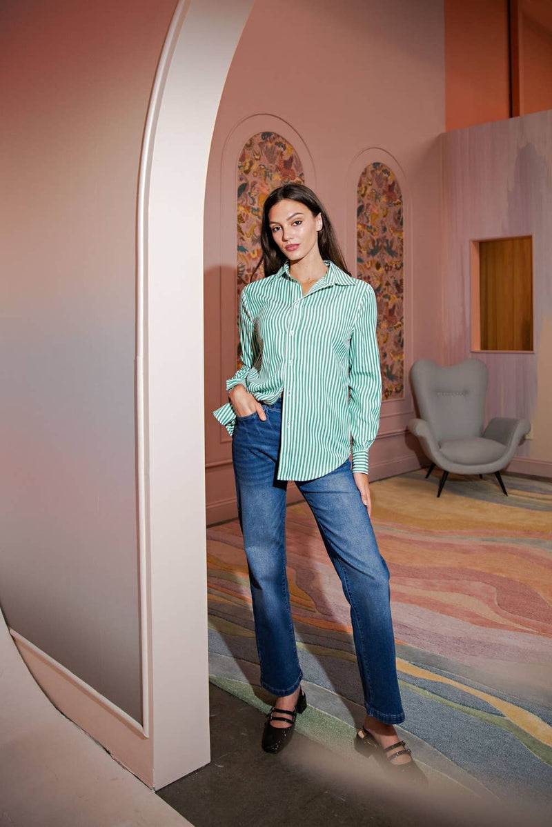 Classic Stripe Poplin Button Down Shirt: Green Stripe