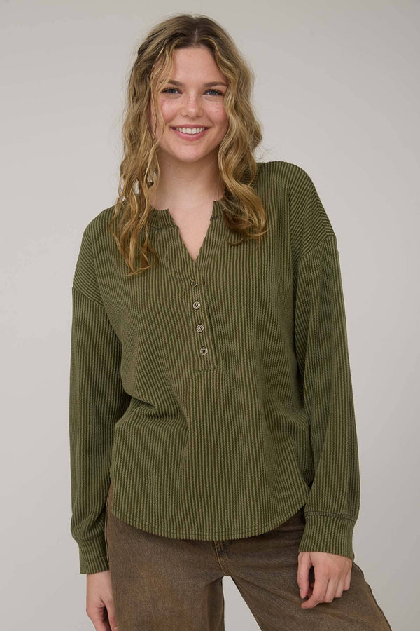 OLIVE WASHED RIBBED LONG SLEEVE HENLEY KNIT TOP