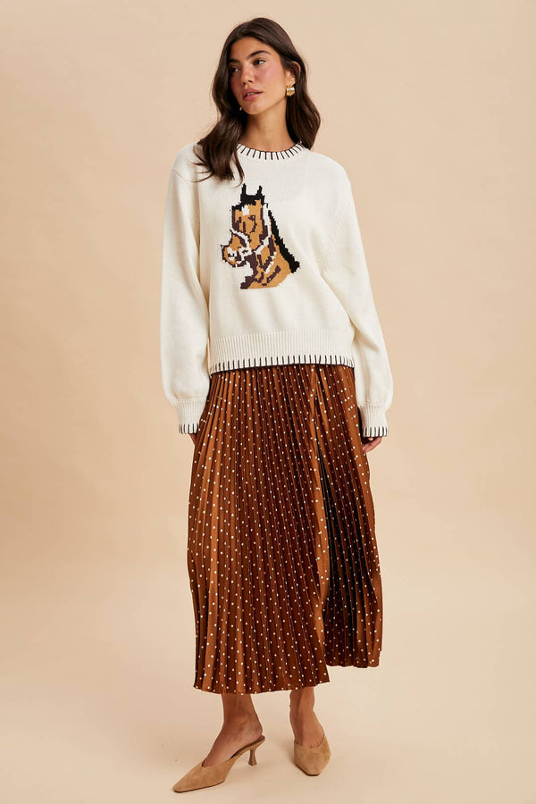 HORSE MOTIF KNITTED SWEATER: CREME