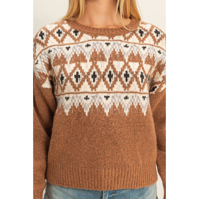 Fair Isle Pullover Sweater: BROWN