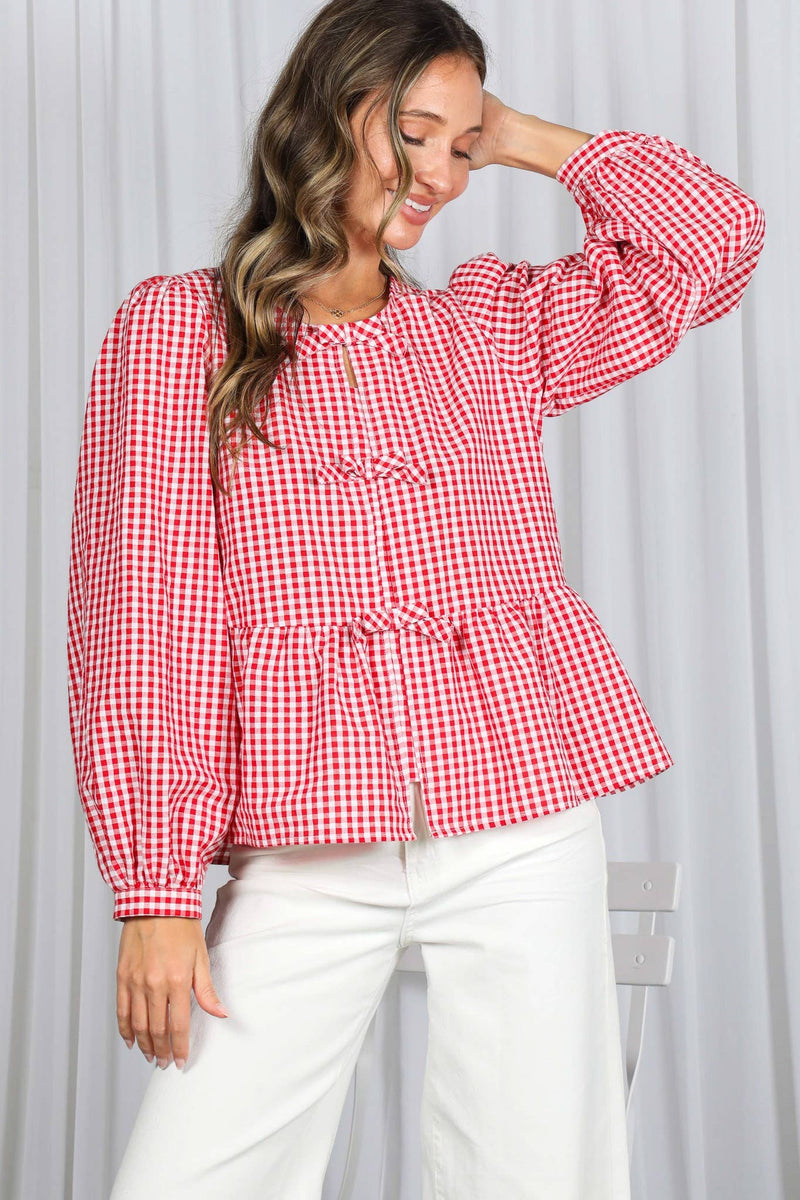 Feminine Bow Accent Charming Plaid Blouse VT83034B: Red / S
