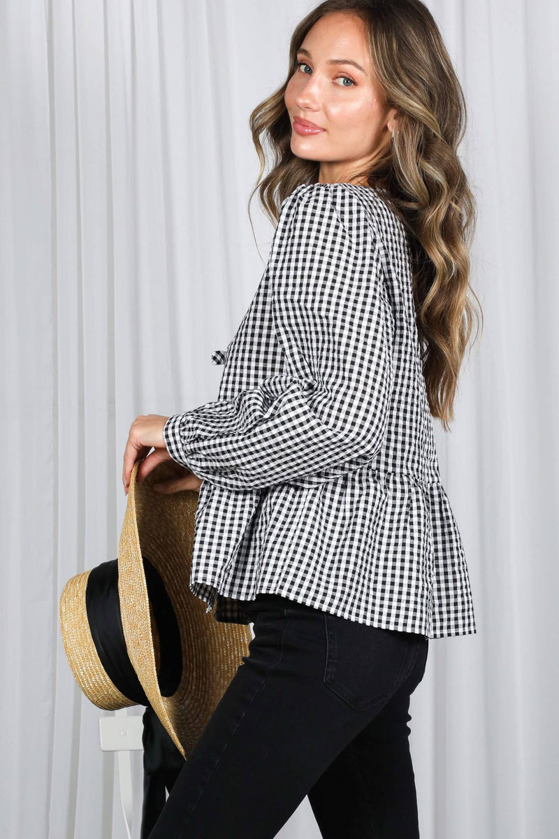 Feminine Bow Accent Charming Plaid Blouse VT83034B: Red / S