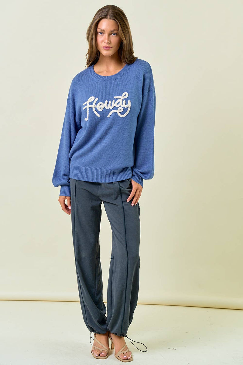 HOWDY' EMBROIDERED ROUND NECK OVERSIZED SWEATER