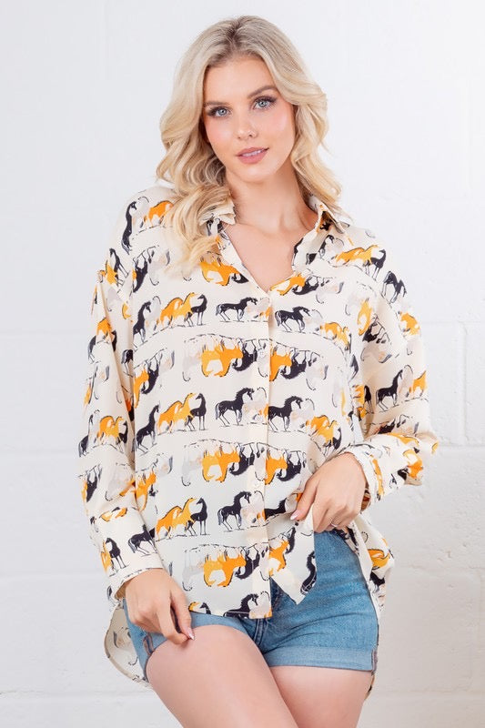 Long sleeve Button Up Horse Print Blouse