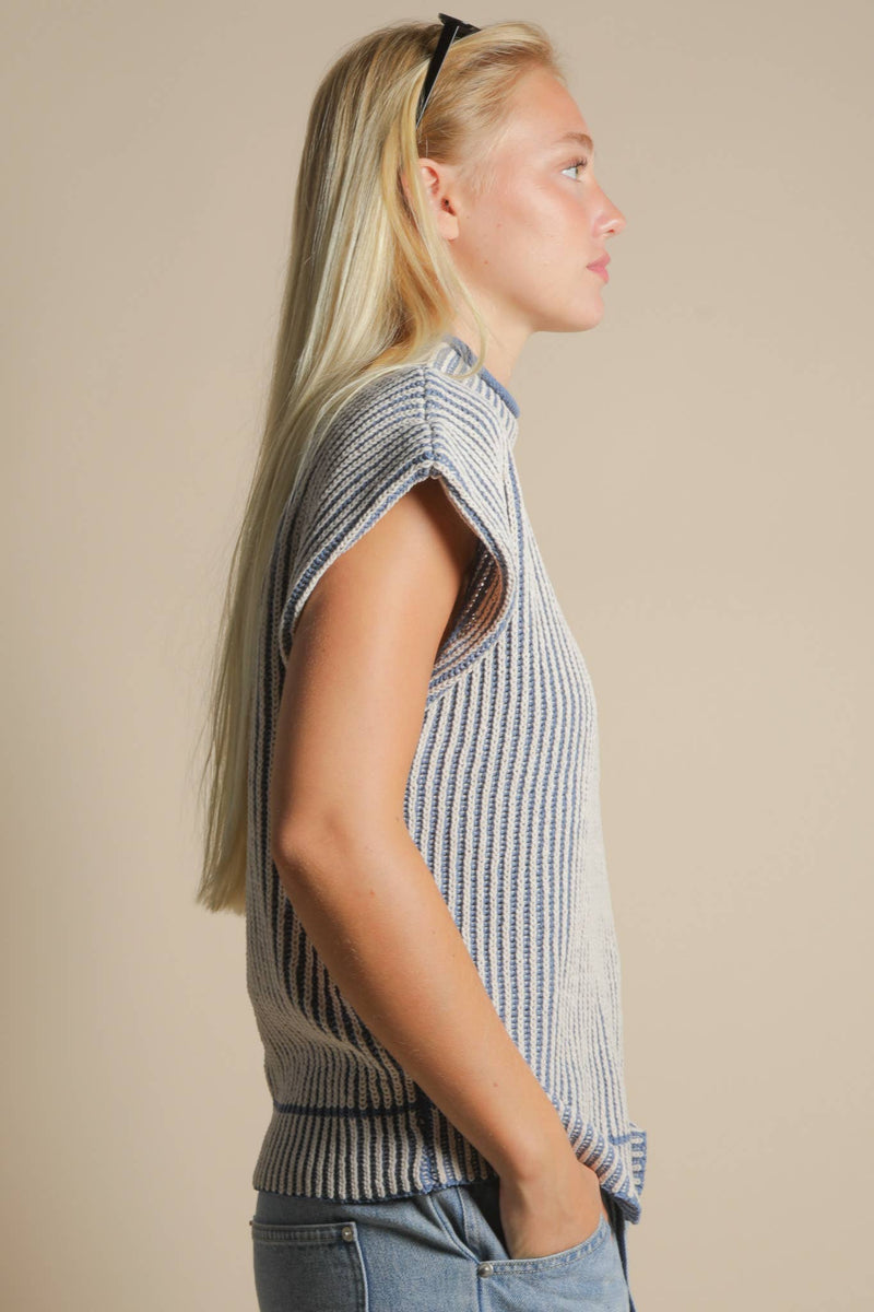 Two Tone Ribbed Knit Sweater Vest in DENIM BLUE