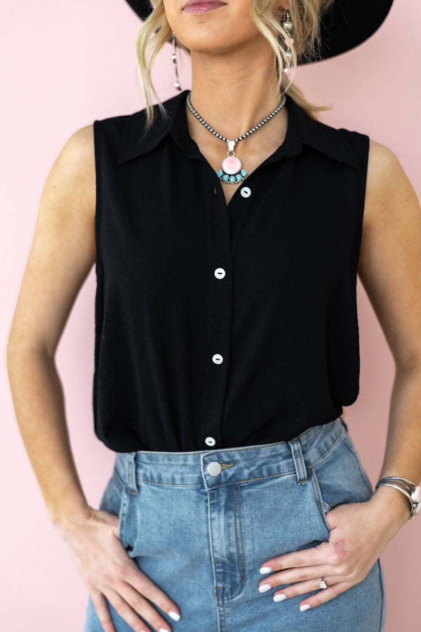 Button Down Woven Blouse Top: BLACK