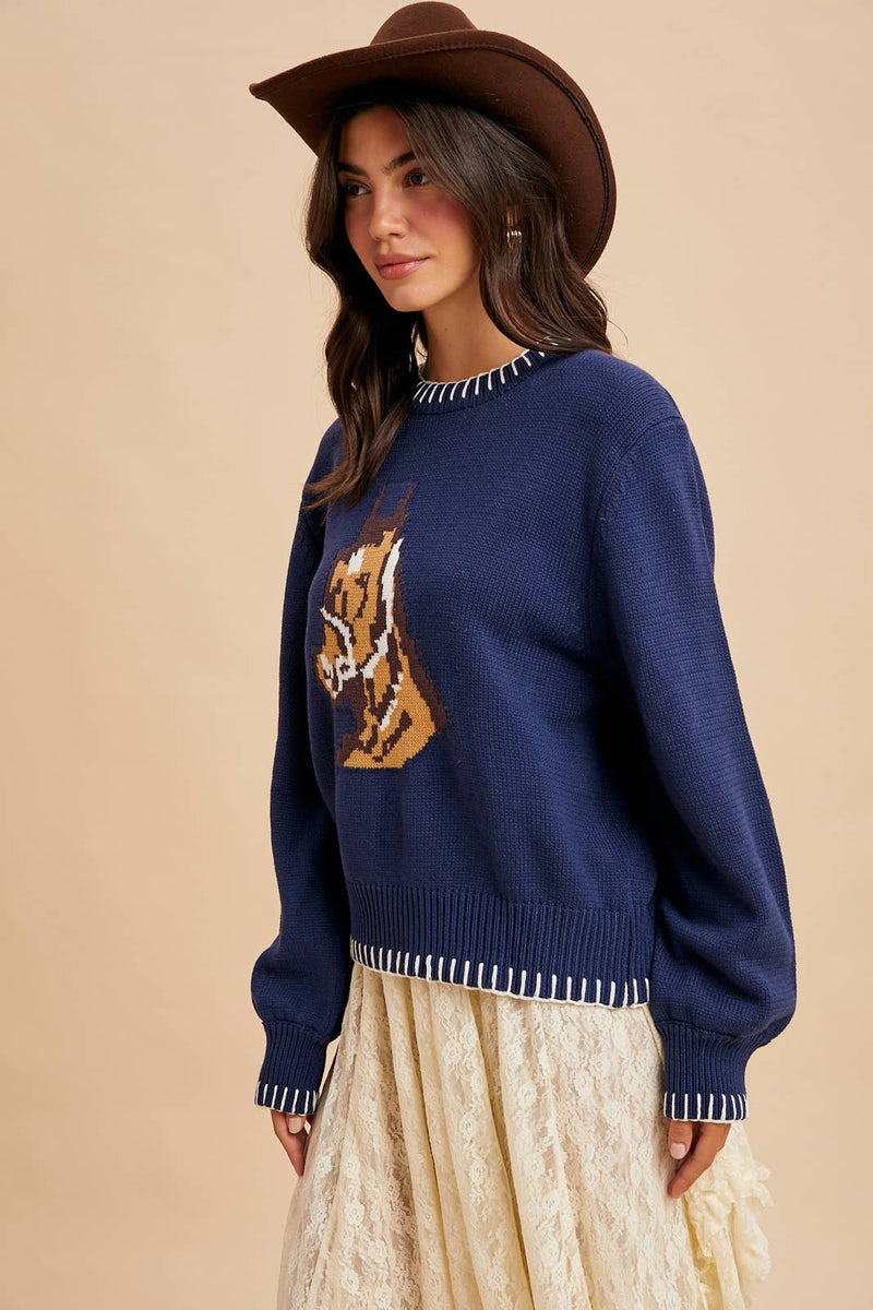 HORSE MOTIF KNITTED SWEATER: NAVY