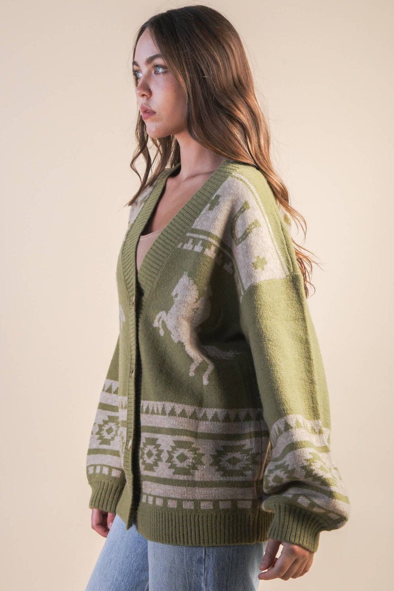 Oversized Western graphic Knit Sweater Cadigan
