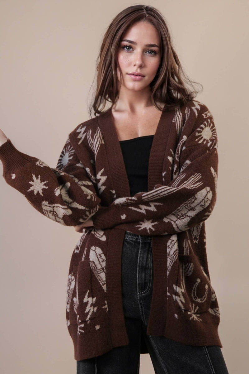 Oversized Western Graphic Knit Sweater Cardigan: CHOCOLATE