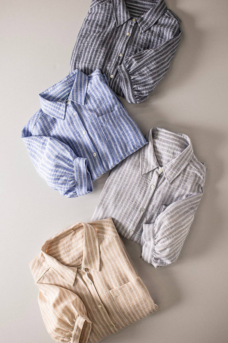 NT12505-Stripe Half Puff Sleeve Shirt Top: BLUE / S-M-L/2-2-2