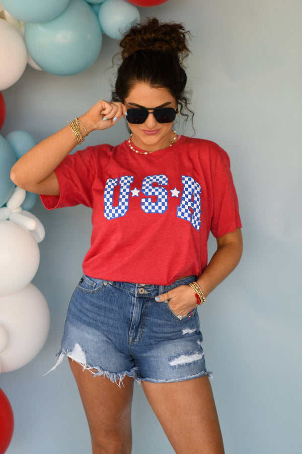 Blue & White Checkered USA heather red Tee