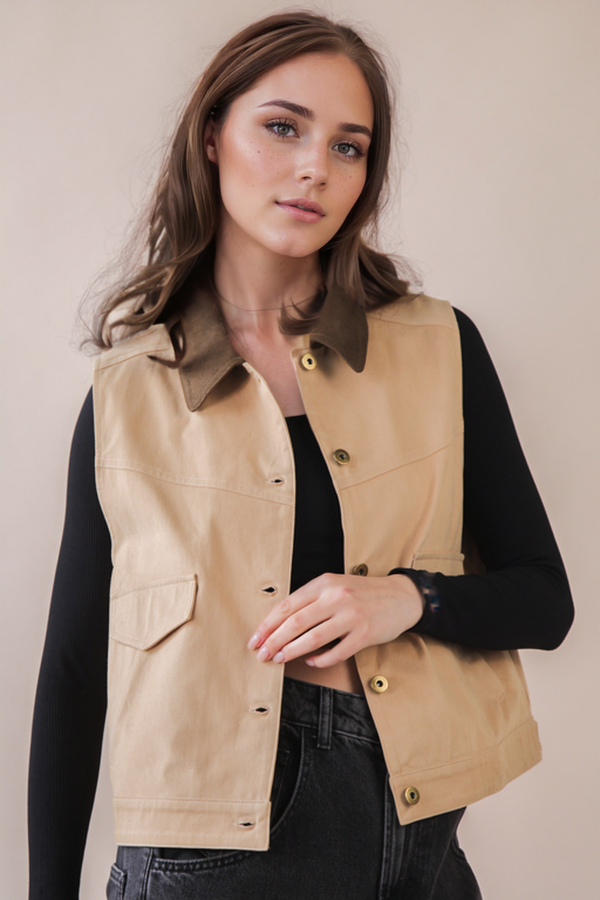 Washed Cotton Button Down Casual Vest: TAUPE