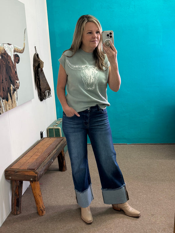 Risen Mid Rise Crop Wide Cuffed Jeans