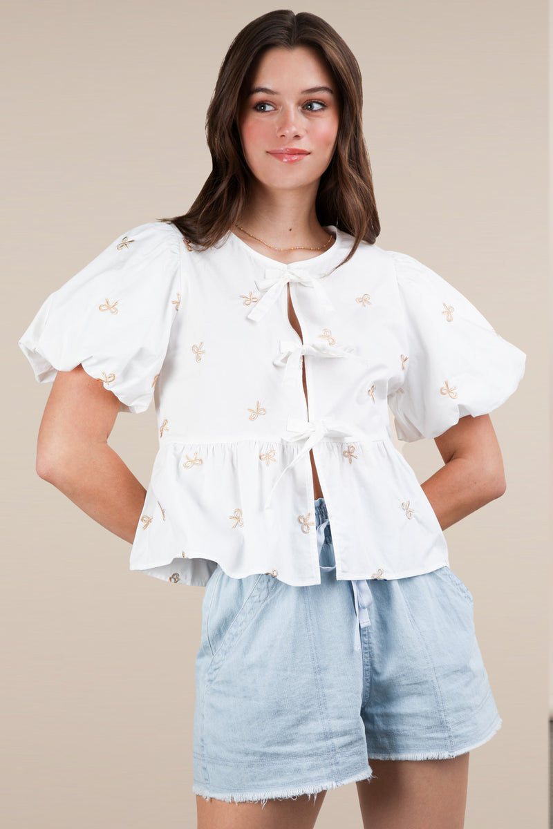 Front Tie Bow Embroidered Puff Sleeve Top