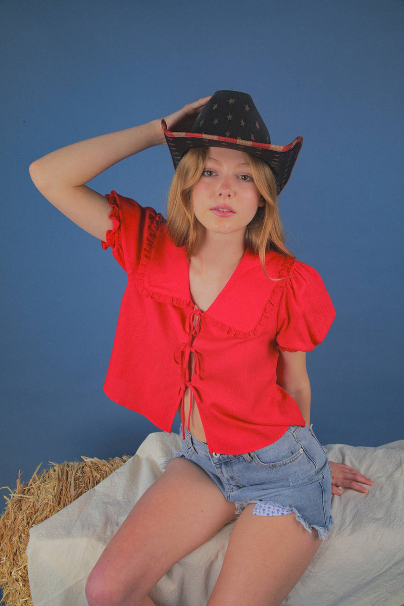 Eyelet Trim Detail Puff Sleeve Blouse: Red