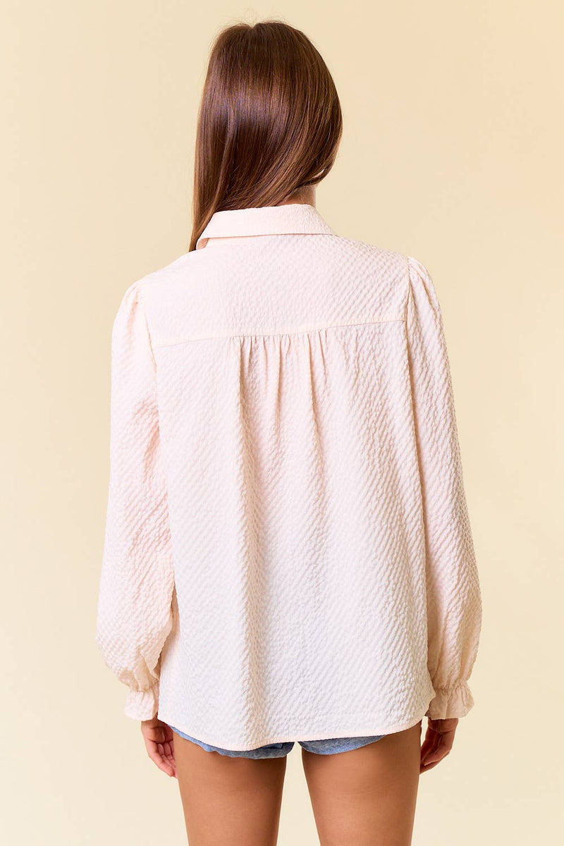 Textured Woven Long Sleeve Button Down Blouse