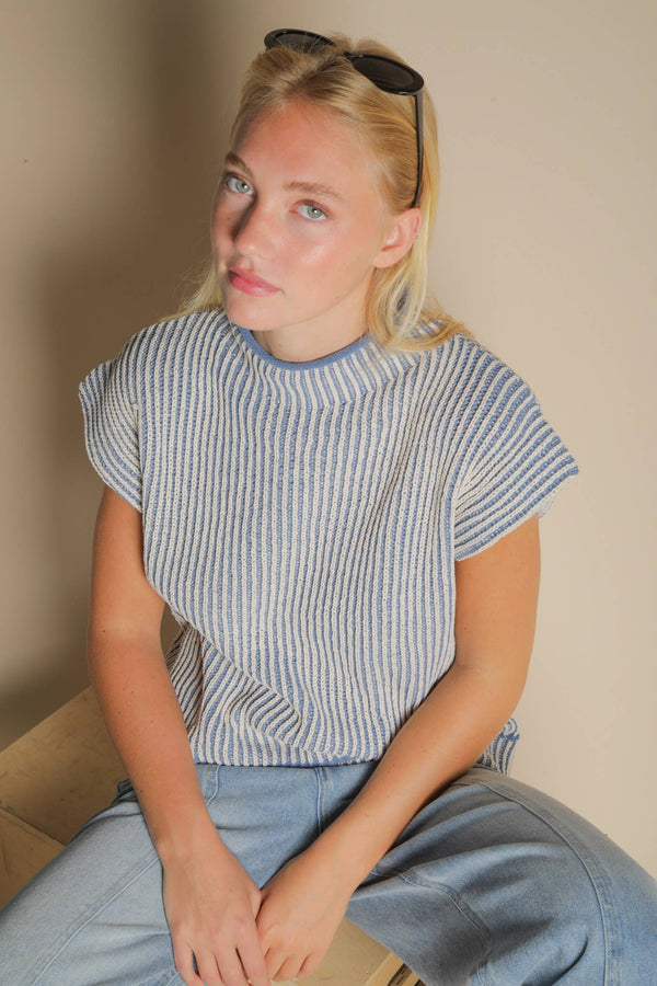 Two Tone Ribbed Knit Sweater Vest in DENIM BLUE