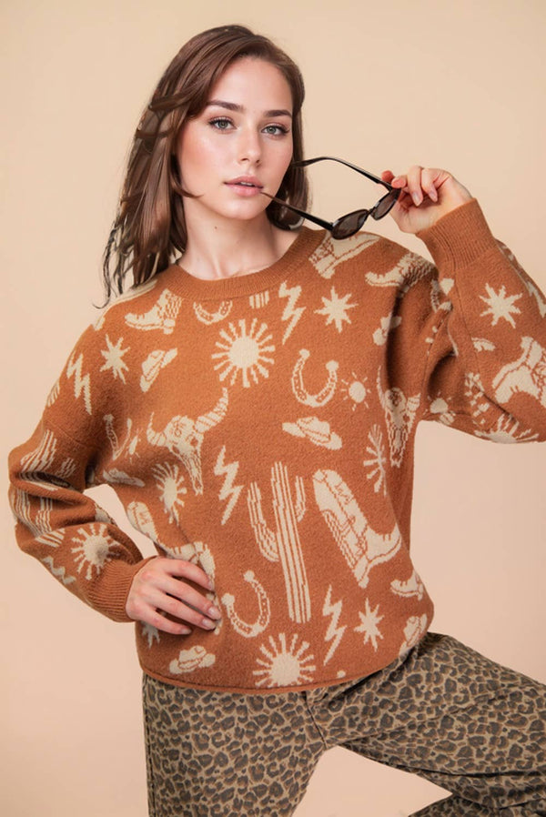 Western Graphic Oversized Knit Sweater Top: CAMEL